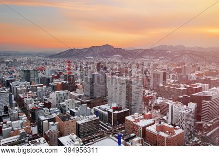 Sapporo, Hokkaido, Japan downtown skyline from above at twilight.