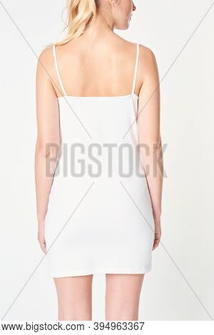 Woman in a fitted white dress mockup