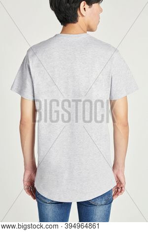 Rear view of an Asian man wearing a gray shirt mockup