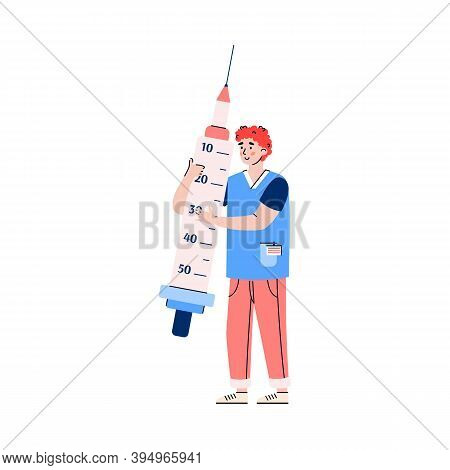Medic Or Doctor Standing With Huge Syringe, Flat Cartoon Vector Illustration Isolated On White Backg