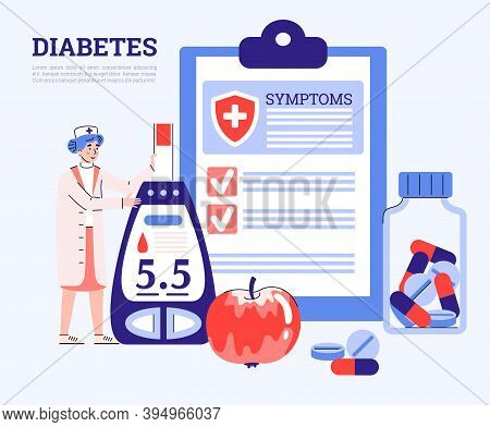 Diabetes Medical Poster With Doctor Cartoon Character Holding Glucometer. Banner To Popularize Infor