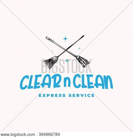 Brooms And Mops For Cleaning Service Logo Concept
