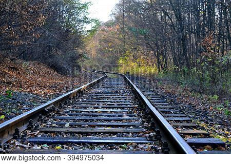 Picture Railway Track Hiding In The Forest Sunny Sun In The Autumn Sun, North Moravia, Czech Republi