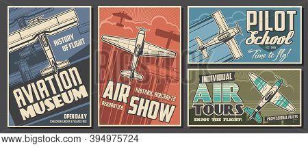Aviation Museum, Flight School And Air Tour Retro Banners. Airplanes History Exhibition, Air Show An