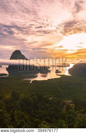 Silhouette Of Phang Nga Bay From Samet Nangshe Viewpoint In The Morning And Beautiful Island View Wh