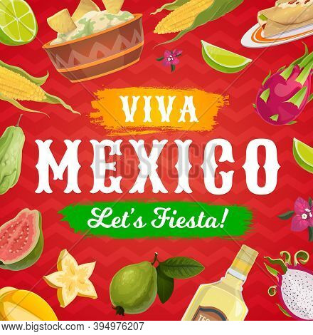 Viva Mexico Fiesta Party Food And Drink Vector Background Of Mexican Holiday Greeting Card. Corn Tor