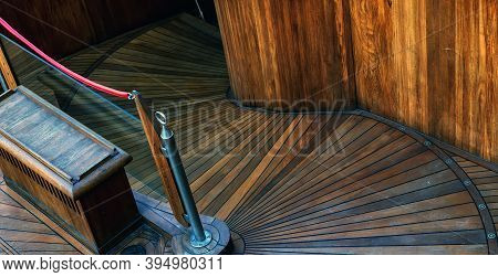 Wooden Steps Deck Staircase On Cruise Yacht View Top