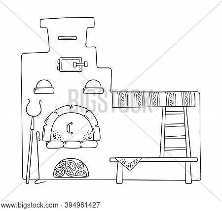 Hand Drawn Traditional Russian Stove With Bed, Grip, Poker And Bench. Vector Illustration In Doodle 