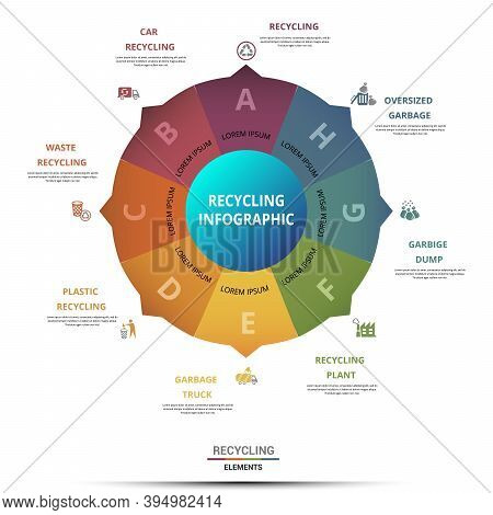 Infographic Recycling Template. Icons In Different Colors. Include Recycling, Trash Container, Burna