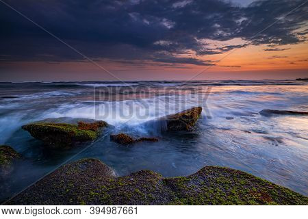 Amazing Seascape With Motion Waves. Waterscape Background. Moving Water. Nature Concept. Sunset Scen