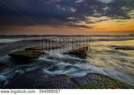 Amazing Seascape With Motion Waves. Waterscape Background. Moving Water. Nature Concept. Sunset Scen