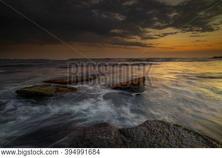 Amazing Seascape With Motion Waves. Waterscape Background. Moving Water. Nature Concept. Sunset Scen