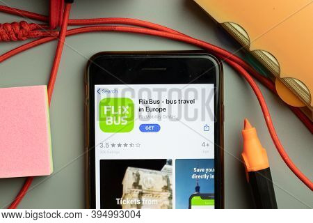 New York, United States - 7 November 2020: Flixbus Bus Travel App Store Logo On Phone Screen, Illust