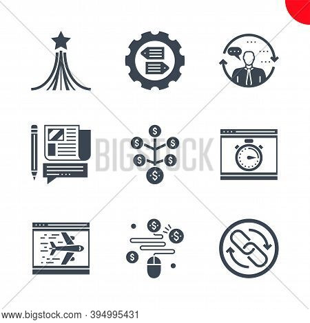 Seo Related Vector Glyph Icons Set. Pay Per Click, Press Relise, Return On Investment, Landing Page,