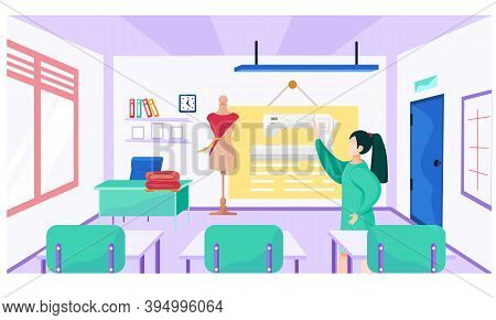 Teacher At School For Seamstresses Explains New Topic. The Lesson Of The Structure Of The Sewing Mac