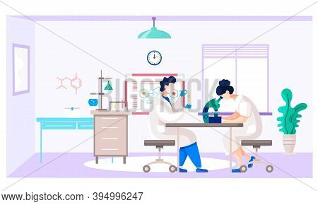 Woman Is Looking Through A Microscope. Chemists Are Working With The Equipment In The Laboratory. Th