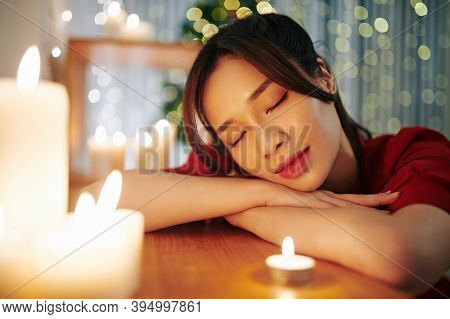 Beautiful Calm Young Asian Woman Fell Asleep On Christmas Eve
