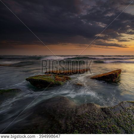 Amazing Seascape With Motion Waves. Waterscape Background. Moving Water. Nature Concept. Sunset Scen