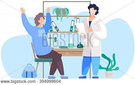Boy Sits In A Chemistry Classroom In School. Guy Rejoices And Raises His Hands Up. Man Scientist Sta