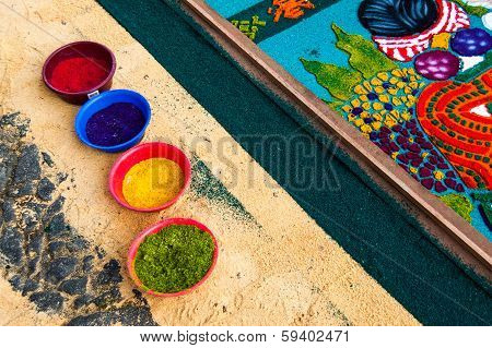 Pots Of Dyed Sawdust and Holy Week Processional Carpet