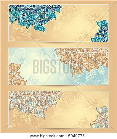 Set Abstract floral banners with flowers shells seaweed