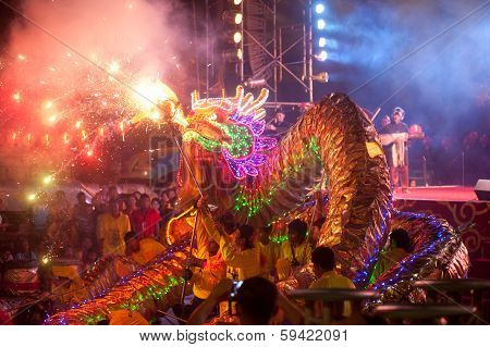 Golden Dragon Dancing In Chinese New Year.