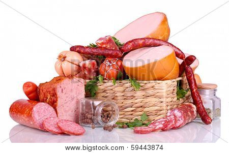 Lot of different sausages in basket isolated on white