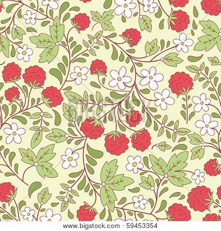 Seamless Texture With Raspberry And Green Leaves