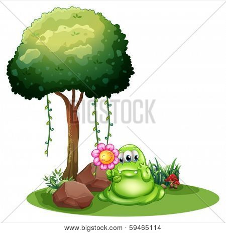 Illustration of a monster holding a flower standing near the tree on a white background