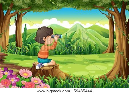 Illustration of a girl above the stump with a telescope