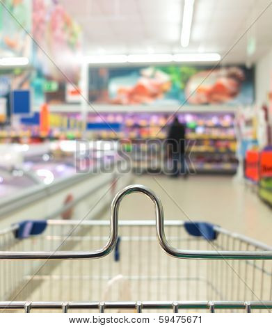 View From Shopping Cart Trolley At Supermarket Shop. Retail.