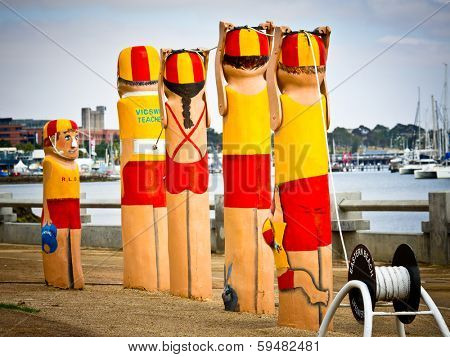 GEELONG - JANUARY 31: Colourful bollards on Geelong's foreshore. More than 100 by artist Jan Mitchell line the waterfront and are an important icon of Geelong - January 31, 2014 in Geelong, Australia