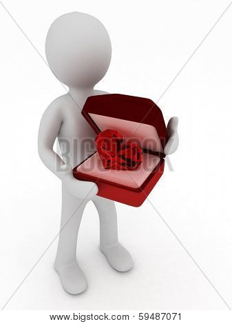 3d man holding a box with a diamond heart