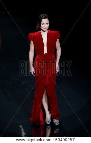 NEW YORK-FEB 6: Sasha Cohen wears Marc Bouwer on the runway at The Heart Truth Red Dress Collection show during Mercedes-Benz Fashion Week at Lincoln Center on February 6, 2014 in New York City.