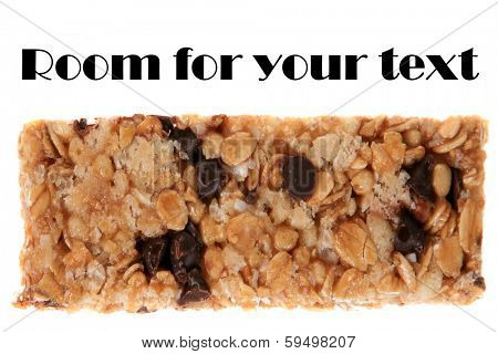 A very tasty and healthy Granola Bar chock full of Oats, Honey, Chocolate Chips, Peanuts, and other flavorful items to help make your day a bit better when your hungry for a snack. Isolated on white