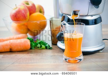 Juicer And Carrot Juice. Fruits In Background