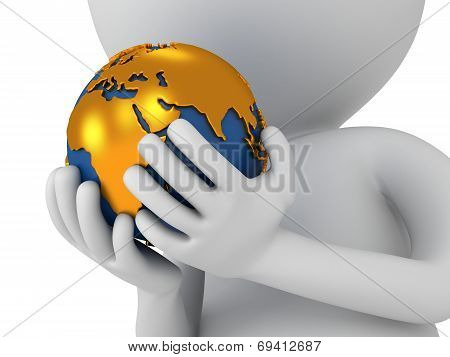 3D White Man Stand With Earth Planet Globe