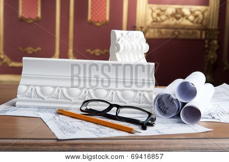 Portrait of spectacles, yellow pencil, design drawing and white