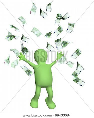 Happy puppet and a banknotes of euro. Isolated on white background