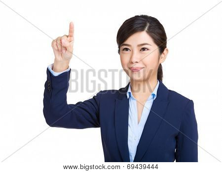 Businesswoman press on imaginery button