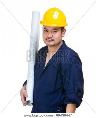 Asian construction worker with drawing