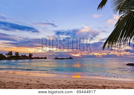 Seychelles Tropical Beach At Sunset