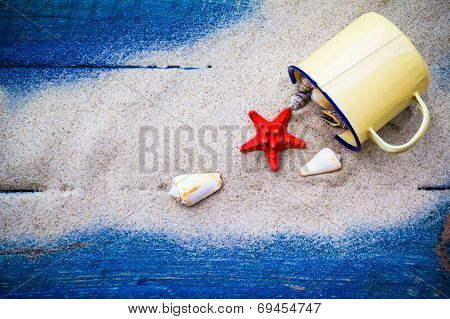 Colorful Shells Cup Sand Strewn Blue Boards