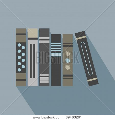 Organized hard books icon with long shadow on blue background