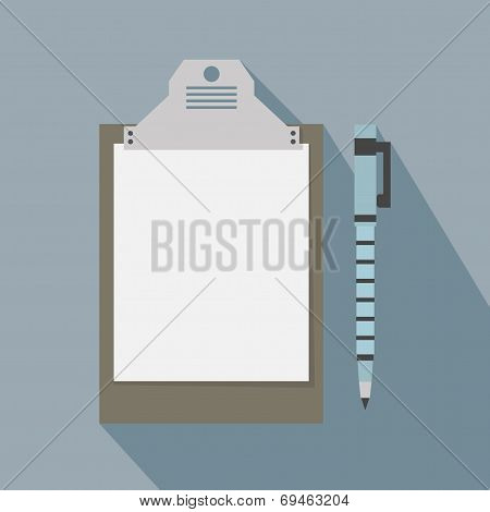 Paper board and a pen icon with long shadow on blue background