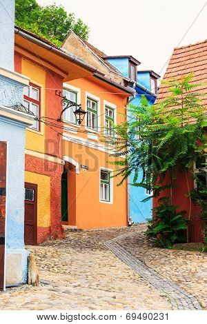 Medieval Street View In Sighisoara Founded By Saxon Colonists In Xiii Century, Romania