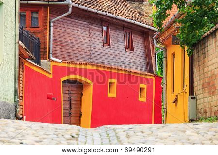 Medieval Street View In Sighisoara Founded By Saxon Colonists In Xiii Century, Romania