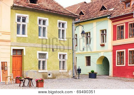 Medieval Street View In Sighisoara Founded By Saxon Colonists In Xiii Century, Romania