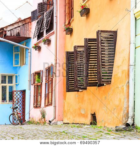 Medieval Street View In Sighisoara Founded By Saxon Colonists In Xiii Century, Romania