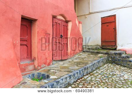 Medieval Street View In Sighisoara Founded By Saxon Colonists In Xiii Century, Romania